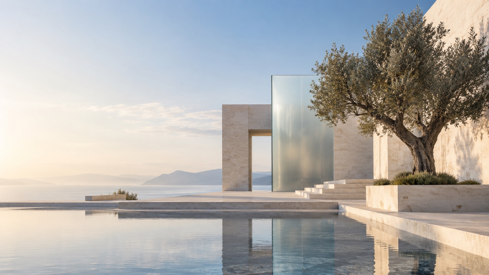 An architectural study of glass, stone, water and an olive tree