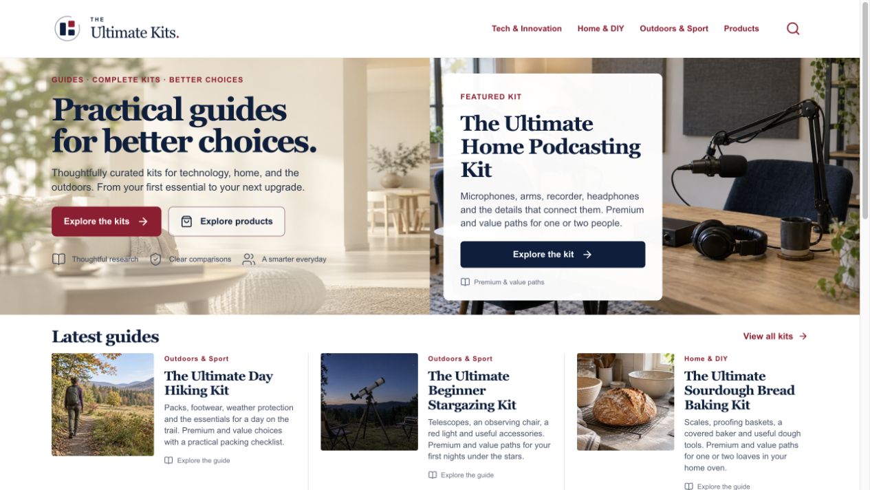 The Ultimate Kits homepage, showing its podcasting guide and latest guides
