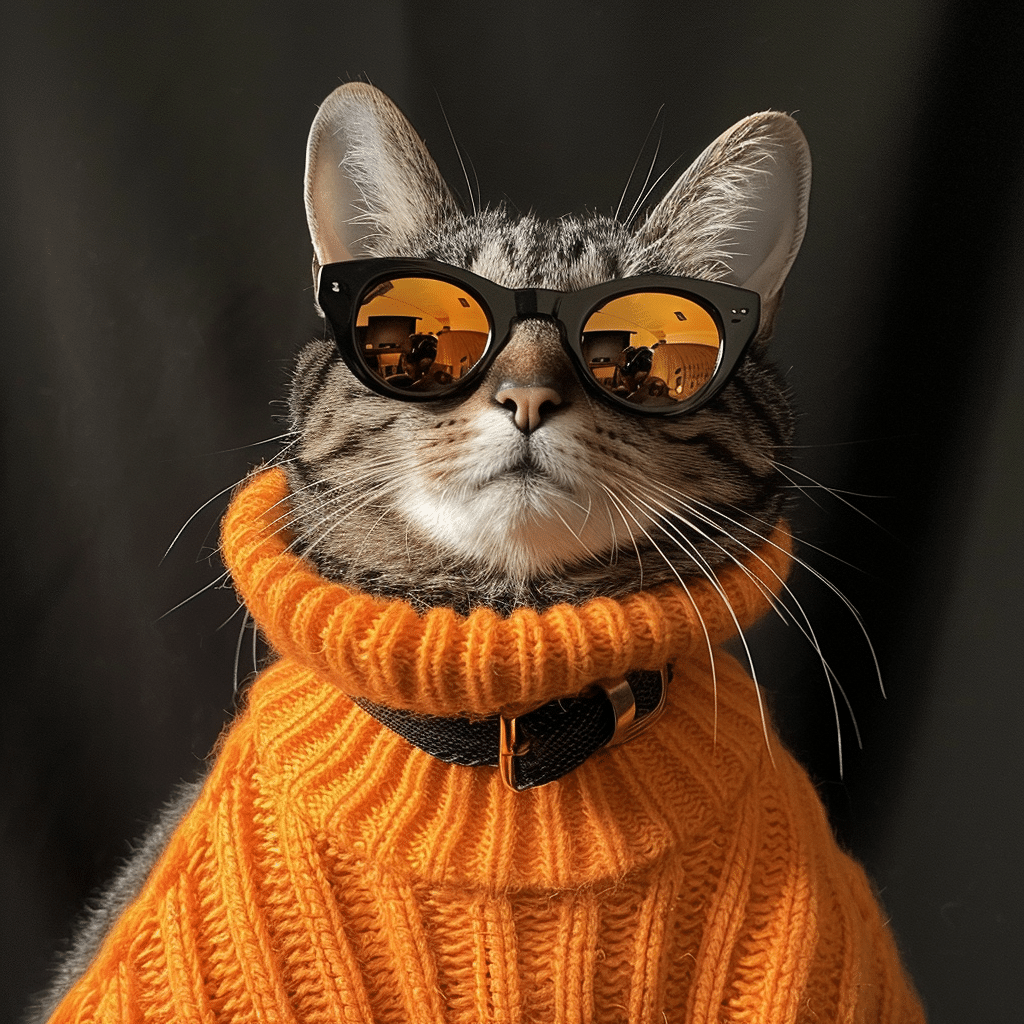 Cat wearing sunglasses and an orange sweater