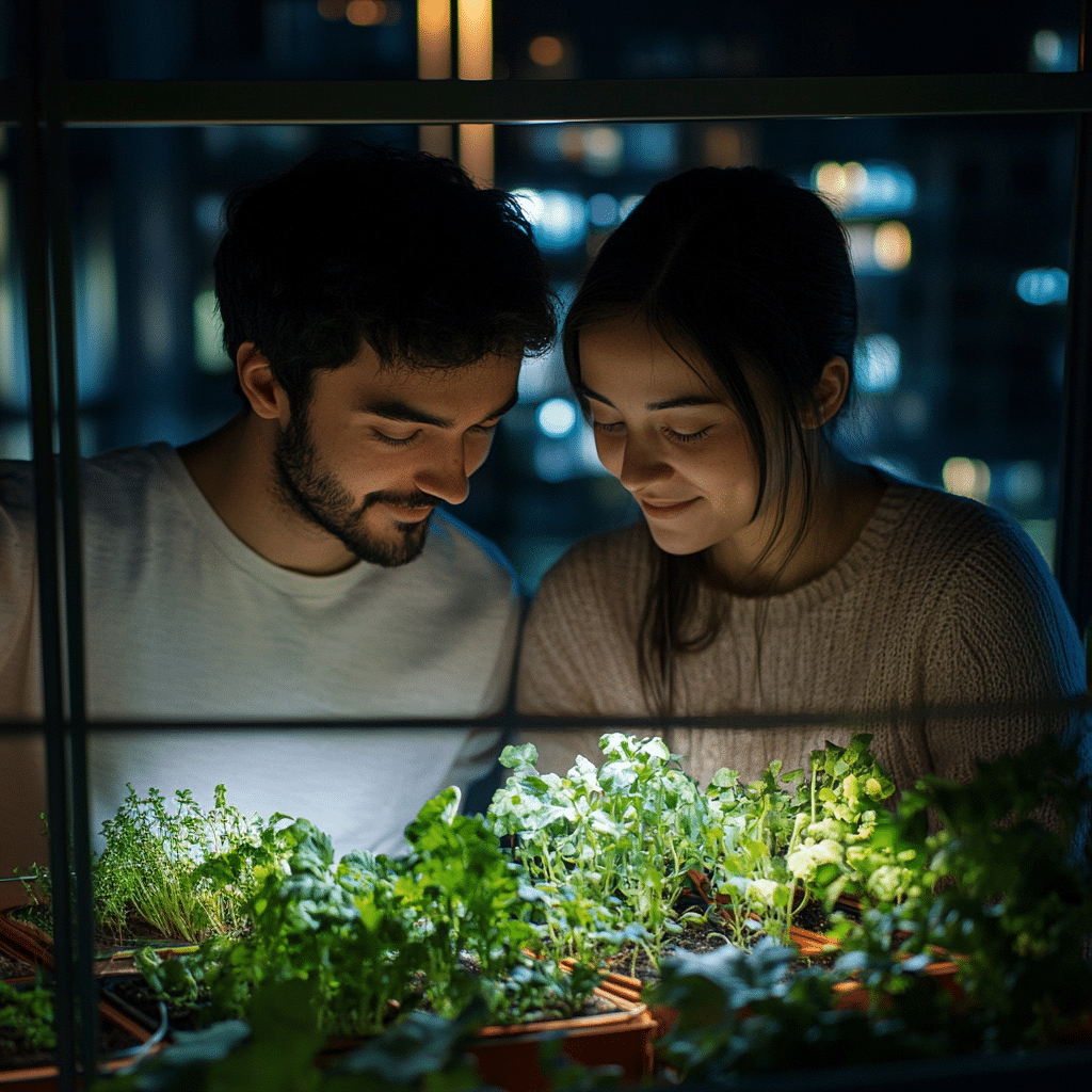 Couple tending to an indoor herb garden illuminated by grow lights.