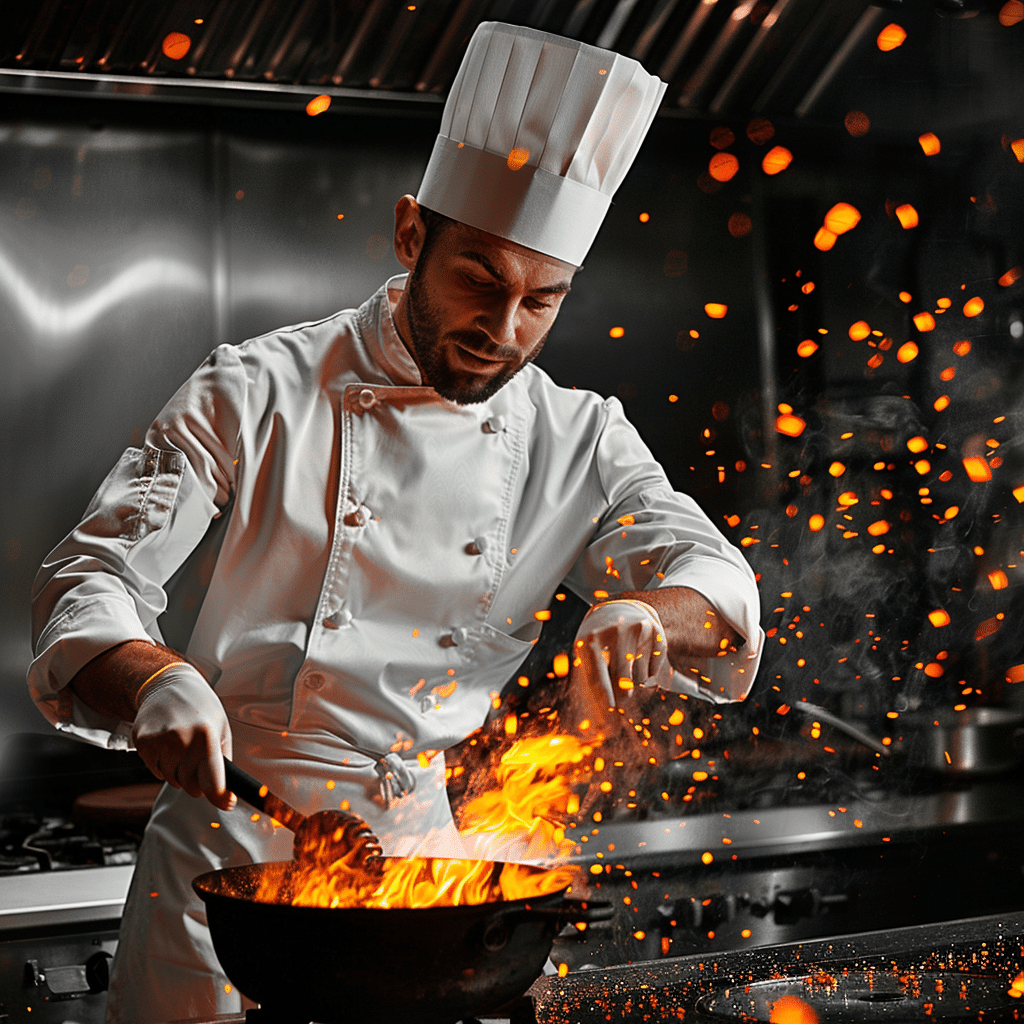 A professional chef in a white uniform cooking with flames in a modern kitchen.