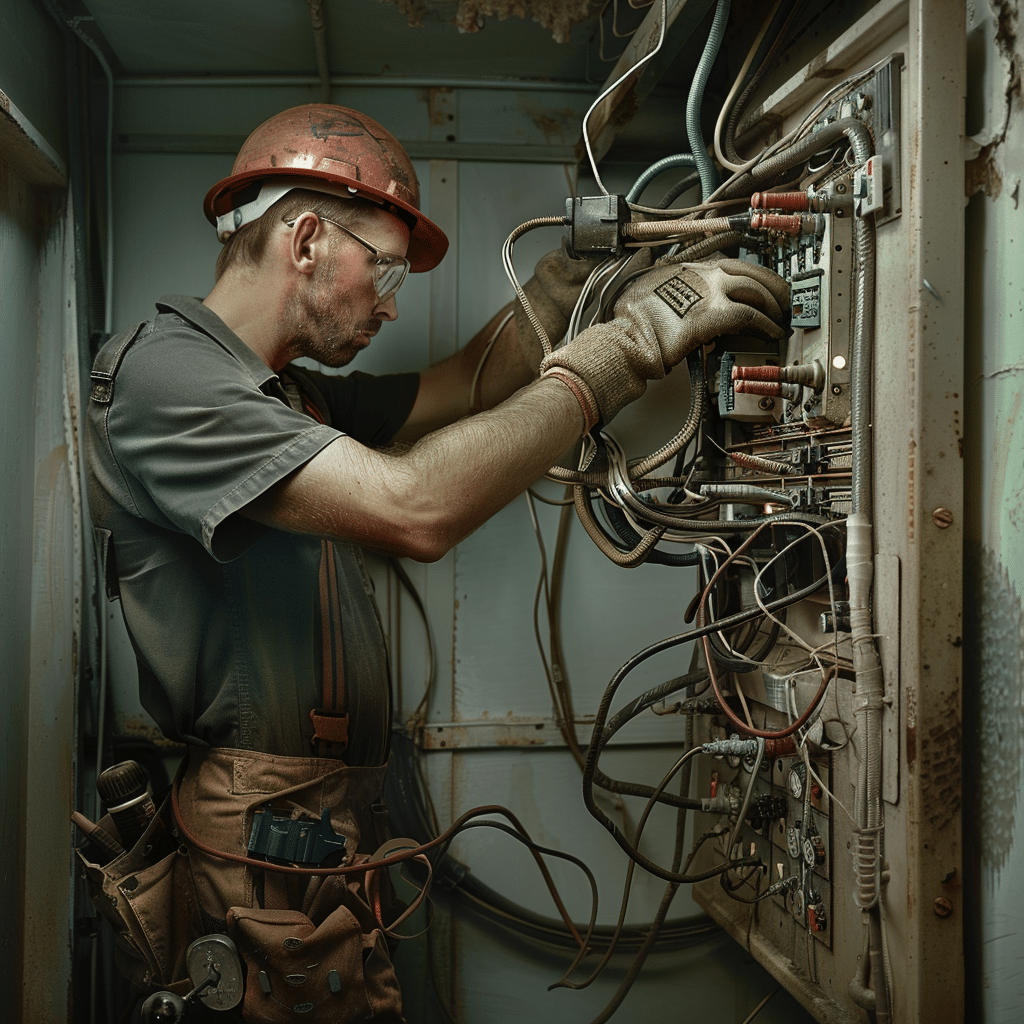 Electrician working on a complex electrical panel with various tools