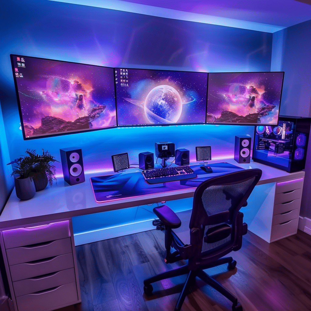 Best gaming setup 2024 with multiple monitors, gaming chair, and RGB lighting.