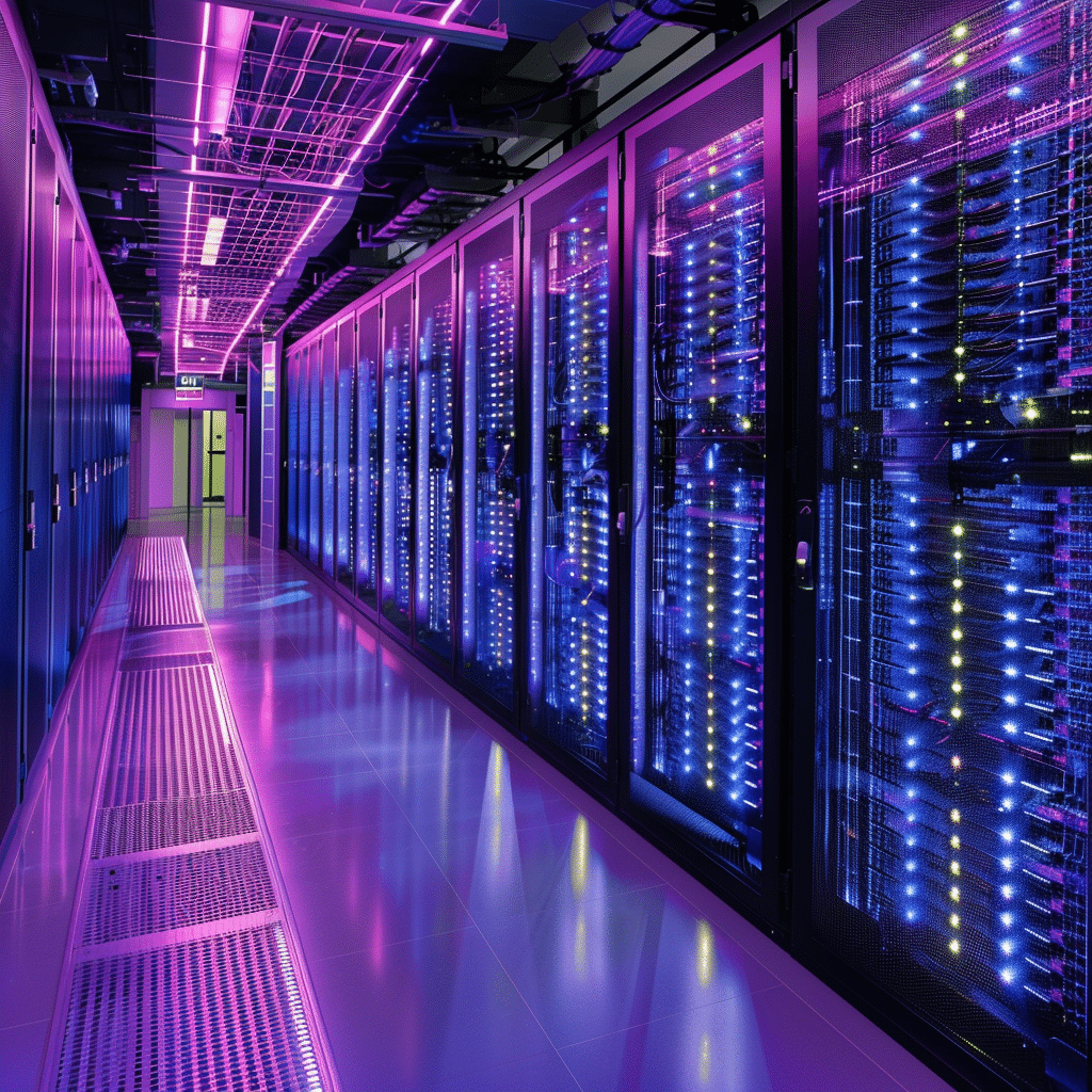 Modern server room with purple and blue lighting, representing advanced technology infrastructure.