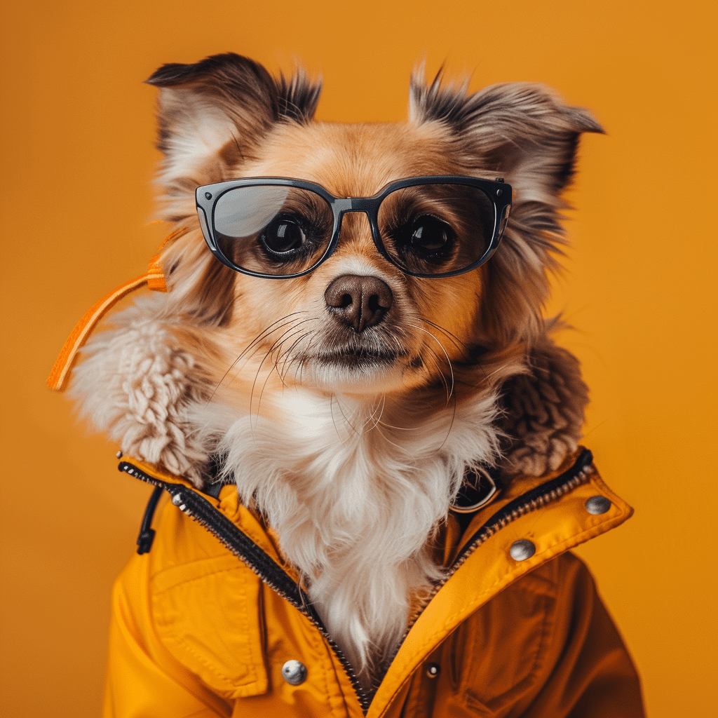 Small dog wearing sunglasses and a yellow jacket.